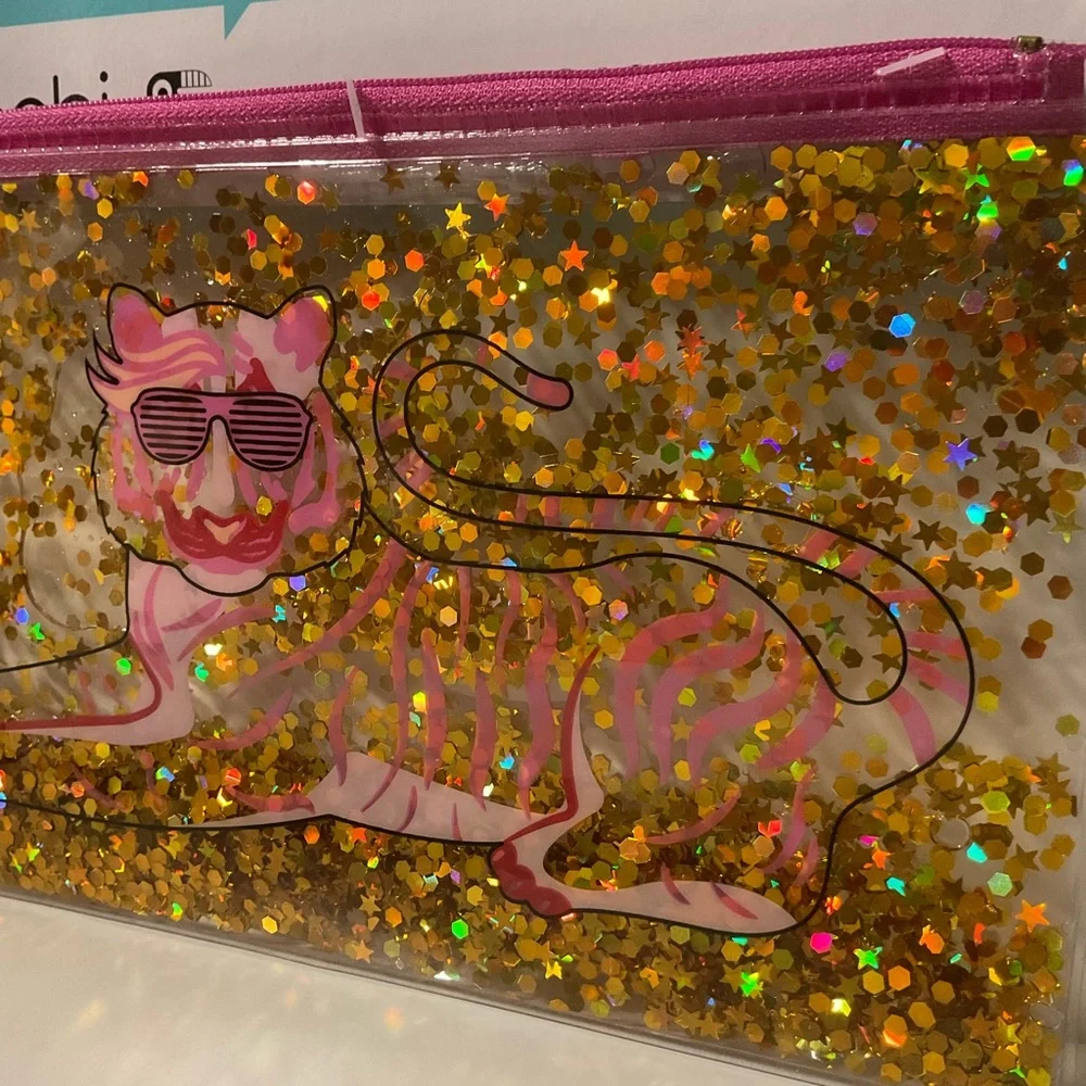 Yoobi Zip Case New Pink Tiger Floating Stars Multi Use Zipper Pouch Make Up Bag